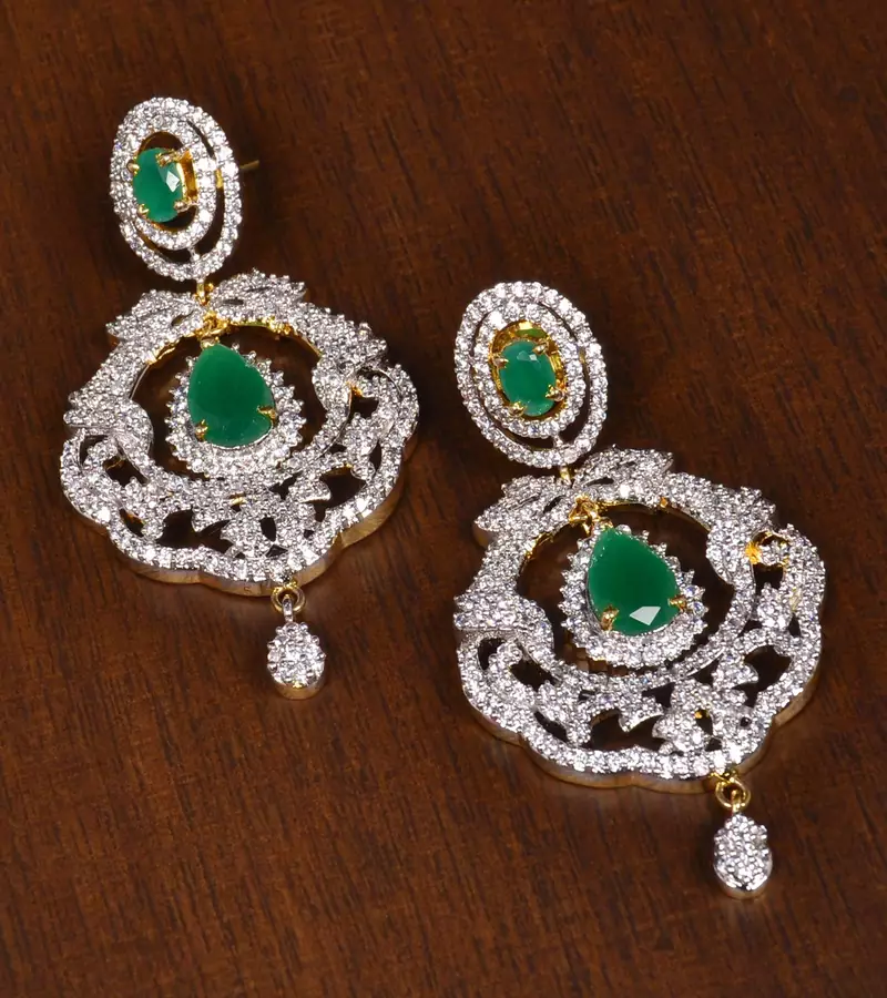 Gold Plated Emerald Stone Embellished American Diamond Earrings 216ED156