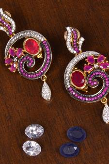 Gold Plated MultiColored Stone Embellished American Diamond Earrings 216ED159