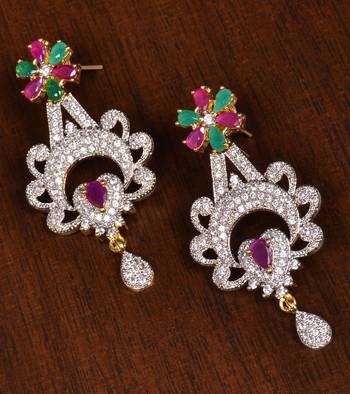 Gold Plated Ruby and Emerald Stone Embellished American Diamond Earrings 216ED161 1