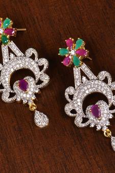 Gold Plated Ruby and Emerald Stone Embellished American Diamond Earrings 216ED161
