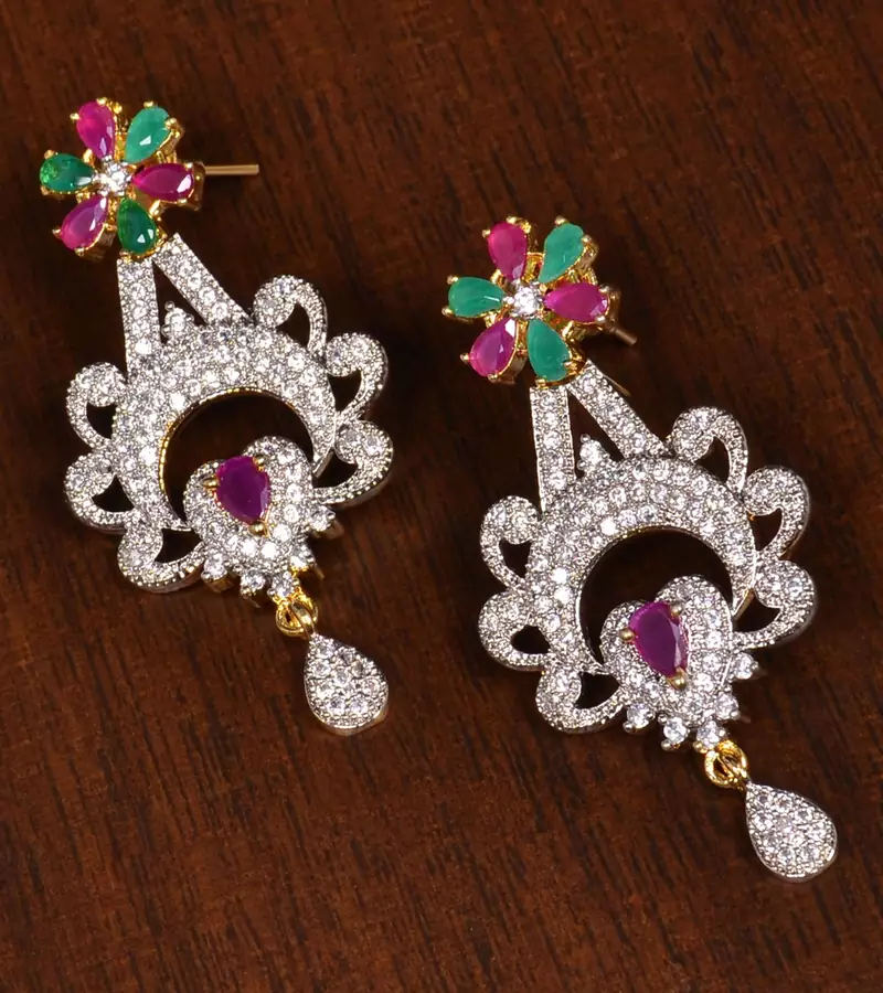 Gold Plated Ruby and Emerald Stone Embellished American Diamond Earrings 216ED161