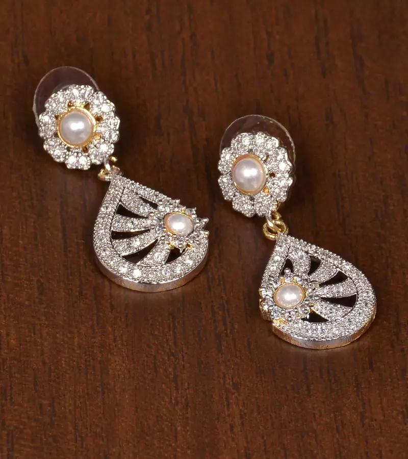 Gold Plated Pearl and Stone Embellished American Diamond Earrings 216ED170