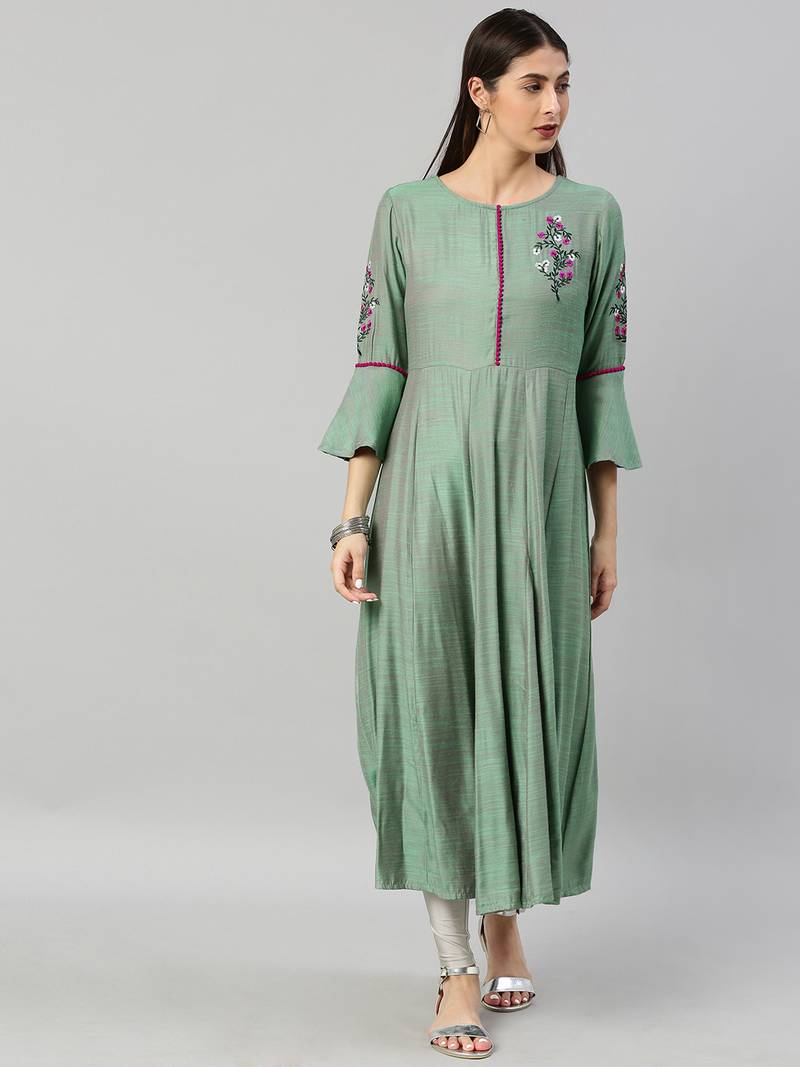 Women'S Shaded Poly Viscose Embroidered Anarkali Kurta (Green)