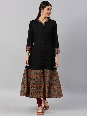Women'S Rayon & Cotton Cambric Zig-Zag Printed A-Line Kurta (Black) 1