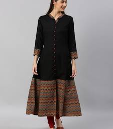 Women'S Rayon & Cotton Cambric Zig-Zag Printed A-Line Kurta (Black)