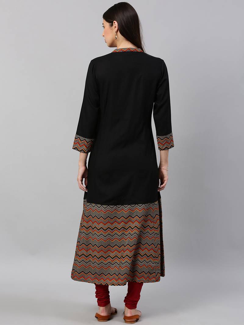 Women'S Rayon & Cotton Cambric Zig-Zag Printed A-Line Kurta (Black)