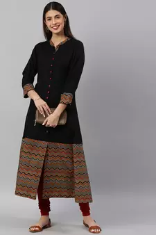 Women'S Rayon & Cotton Cambric Zig-Zag Printed A-Line Kurta (Black)