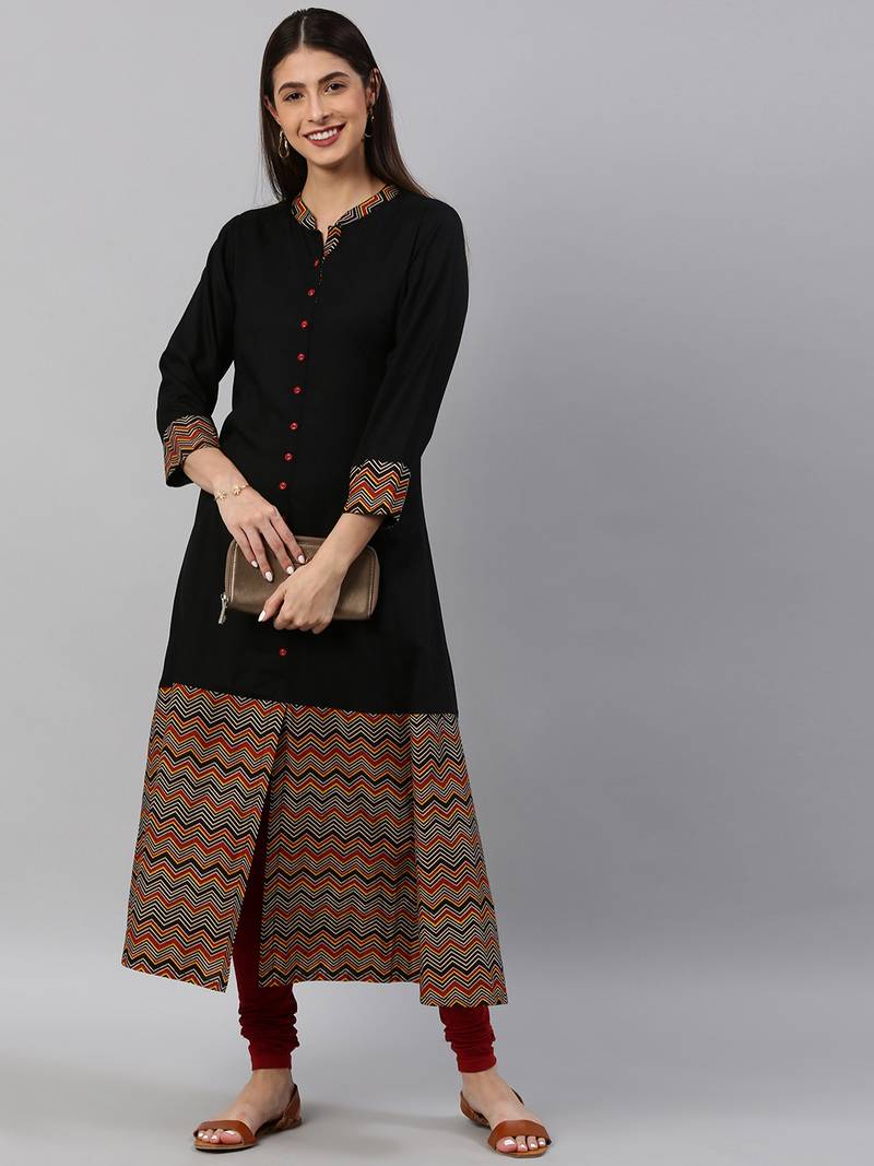 Women'S Rayon & Cotton Cambric Zig-Zag Printed A-Line Kurta (Black)