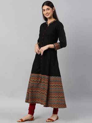 Women'S Rayon & Cotton Cambric Zig-Zag Printed A-Line Kurta (Black) 4