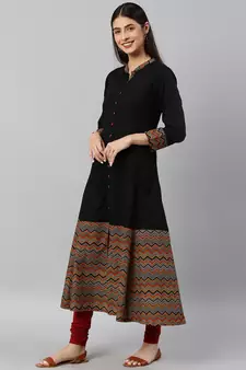 Women'S Rayon & Cotton Cambric Zig-Zag Printed A-Line Kurta (Black)