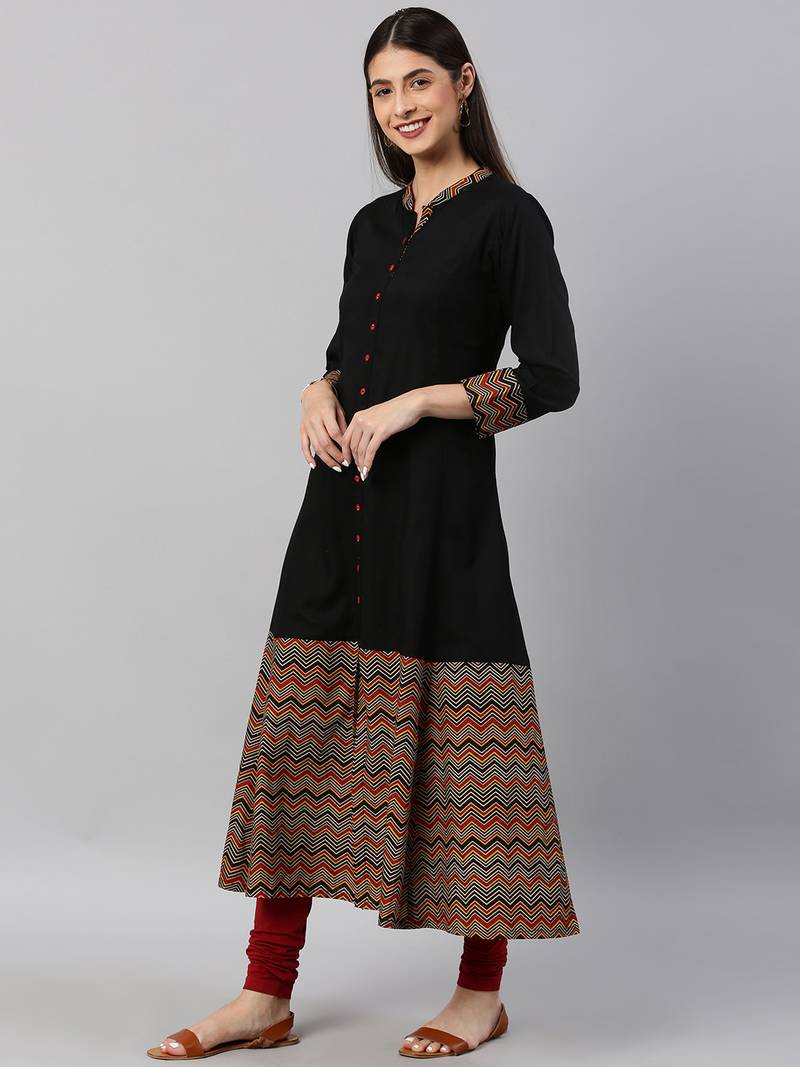Women'S Rayon & Cotton Cambric Zig-Zag Printed A-Line Kurta (Black)