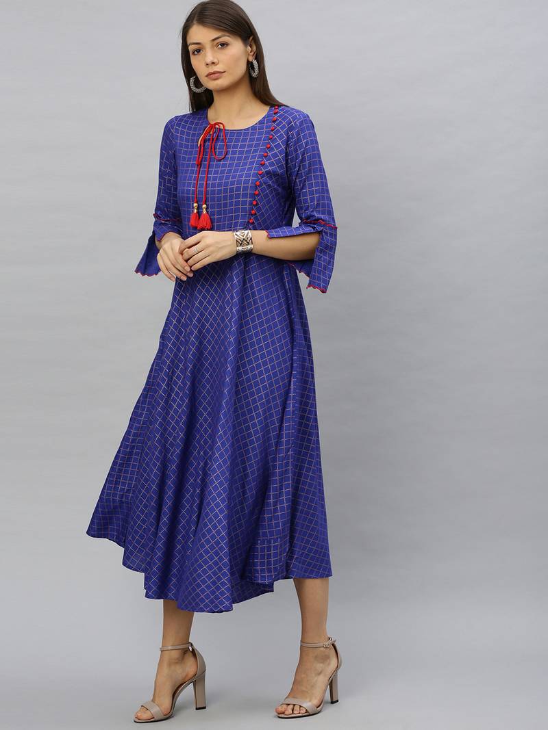 Women'S Rayon Checkered Printed Anarkali Kurta