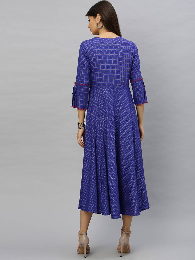 Women'S Rayon Checkered Printed Anarkali Kurta