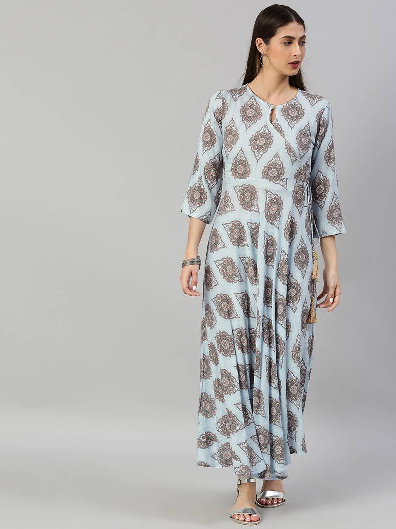 Women'S Rayon Buta Printed Angrakha Kurta (Blue)
