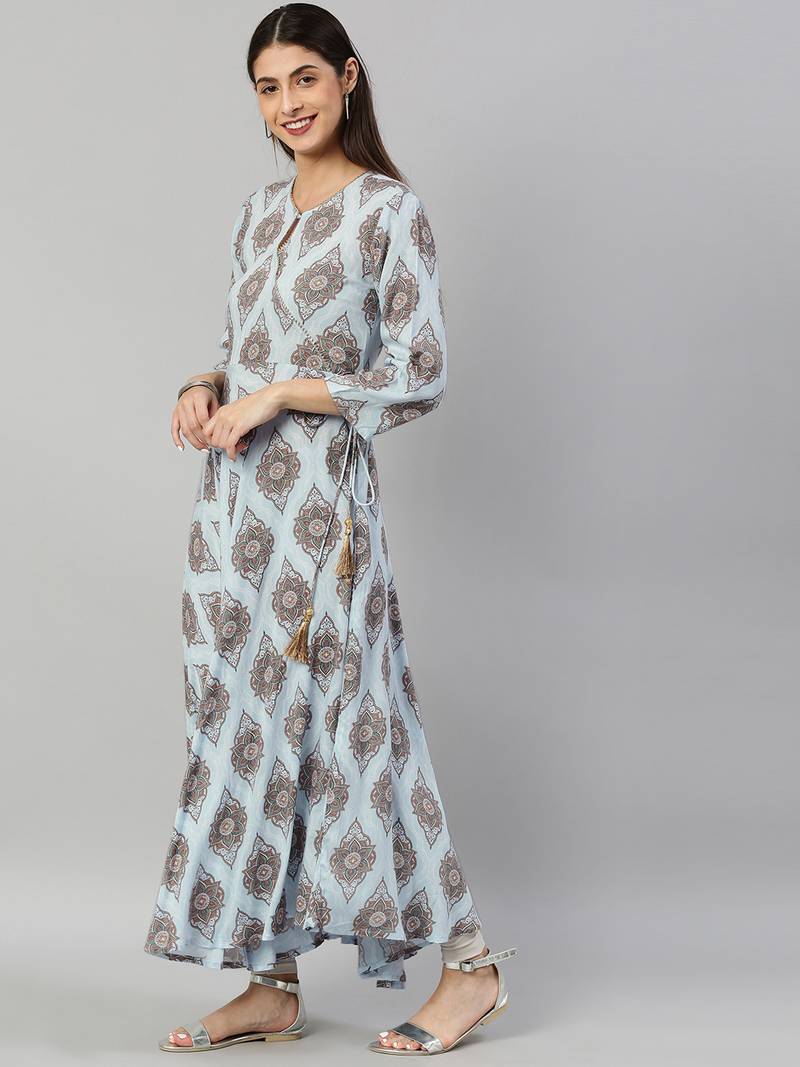 Women'S Rayon Buta Printed Angrakha Kurta (Blue)