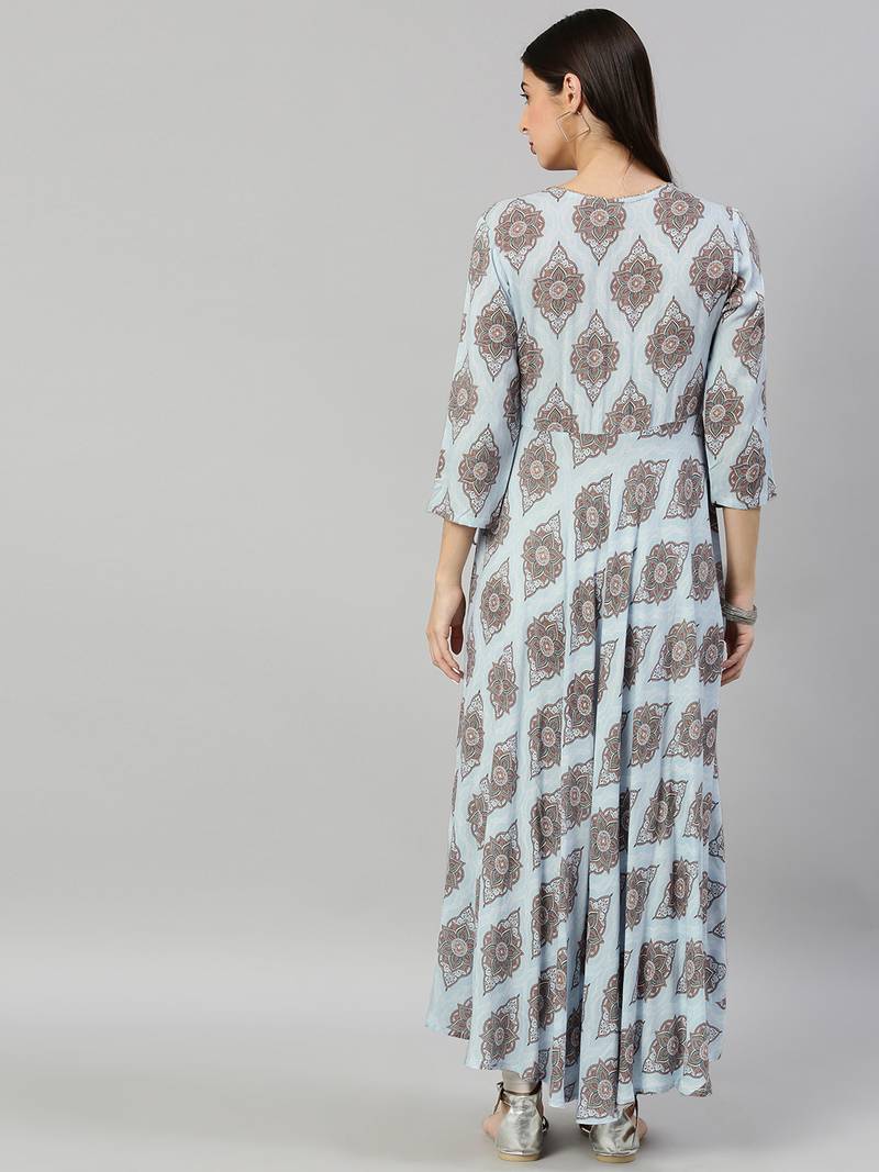 Women'S Rayon Buta Printed Angrakha Kurta (Blue)