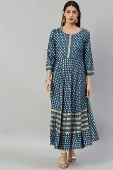 Women'S Rayon Golden Buti Printed Anarkali Kurta (Blue)