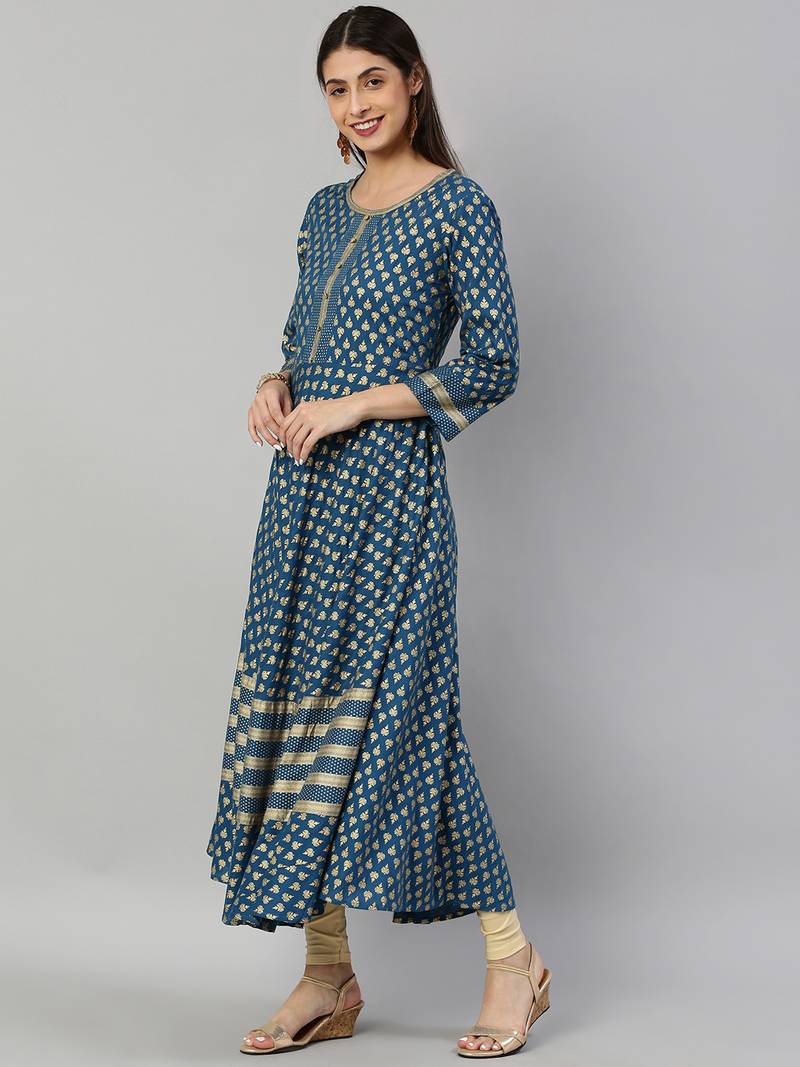Women'S Rayon Golden Buti Printed Anarkali Kurta (Blue)