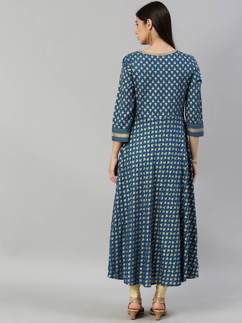 Women'S Rayon Golden Buti Printed Anarkali Kurta (Blue)