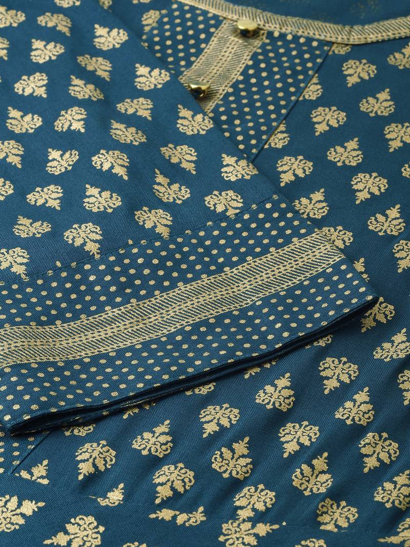 Women'S Rayon Golden Buti Printed Anarkali Kurta (Blue)