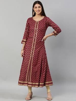 Women'S Rayon Golden Buti Printed A-Line Kurta (Purple) 1