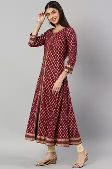 Women'S Rayon Golden Buti Printed A-Line Kurta (Purple)