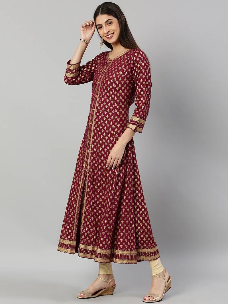 Women'S Rayon Golden Buti Printed A-Line Kurta (Purple)