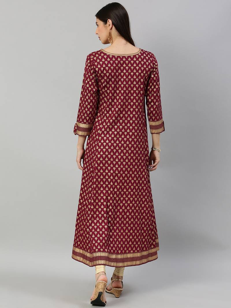 Women'S Rayon Golden Buti Printed A-Line Kurta (Purple)