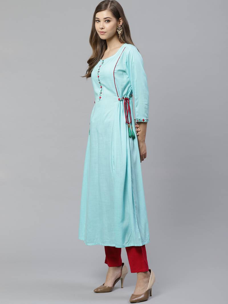 Women'S Rayon Embroidered A-Line Kurta (Sky Blue)
