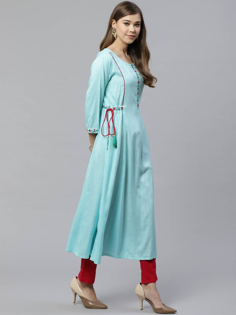 Women'S Rayon Embroidered A-Line Kurta (Sky Blue)