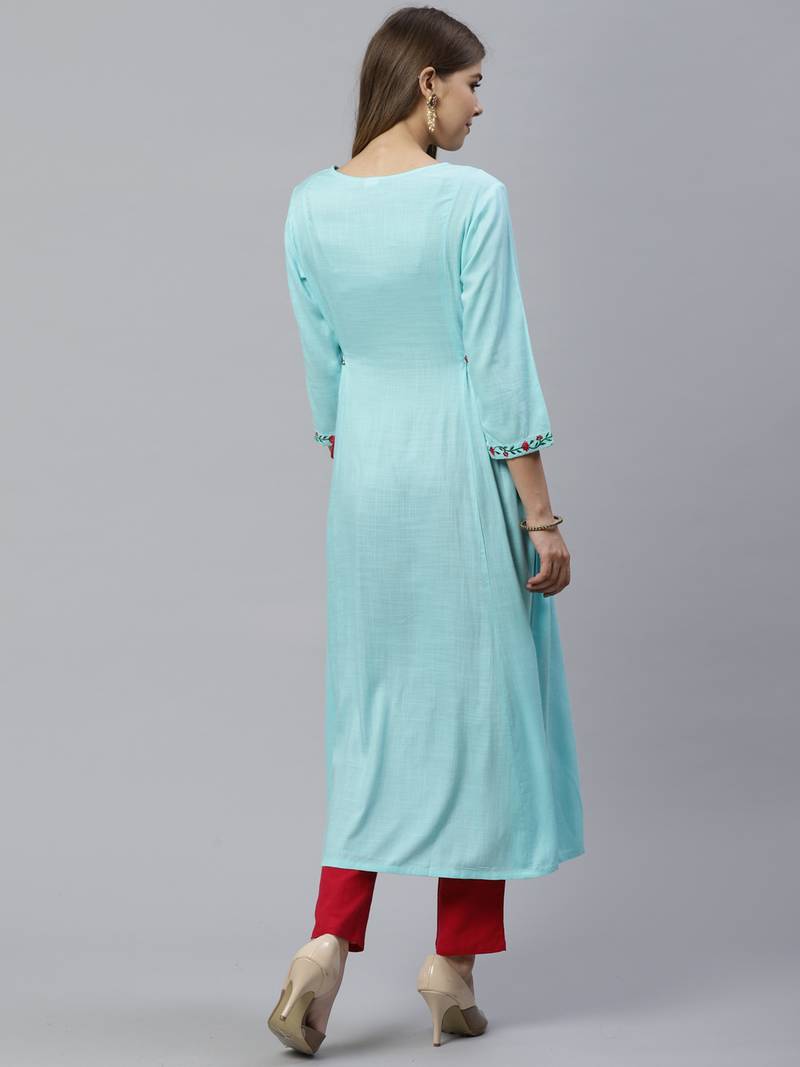 Women'S Rayon Embroidered A-Line Kurta (Sky Blue)