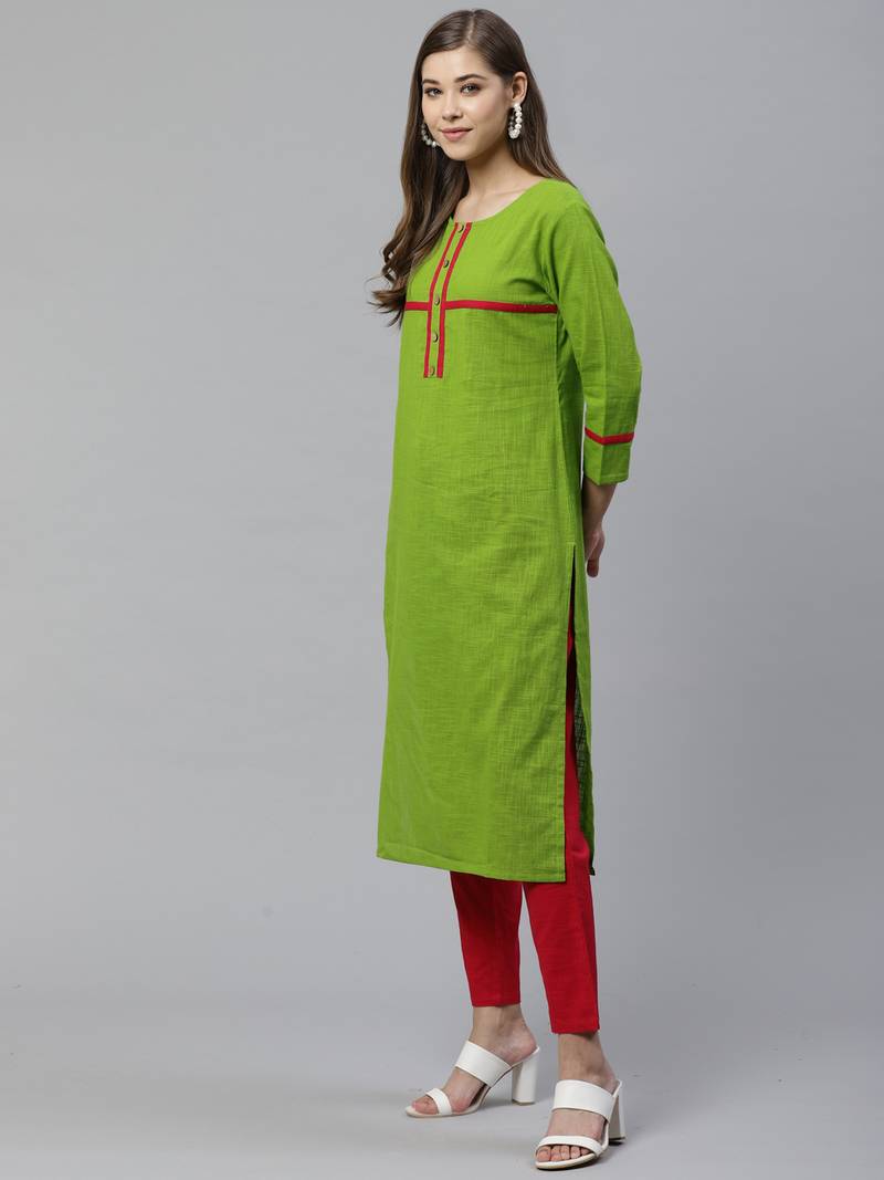 Women'S Cotton Slub Regular Straight Kurta (Green)