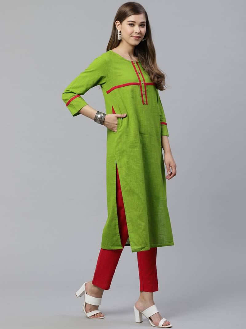 Women'S Cotton Slub Regular Straight Kurta (Green)