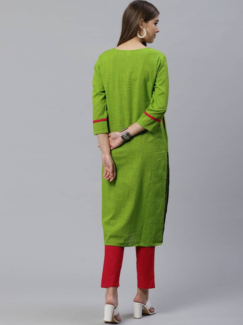 Women'S Cotton Slub Regular Straight Kurta (Green)