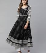 Women'S Cotton & Cotton Slub Ikat Printed Anarkali Kurta (Black)