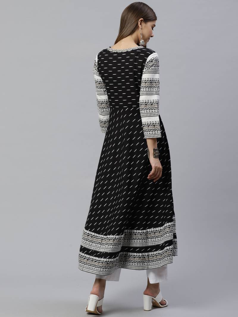 Women'S Cotton & Cotton Slub Ikat Printed Anarkali Kurta (Black)