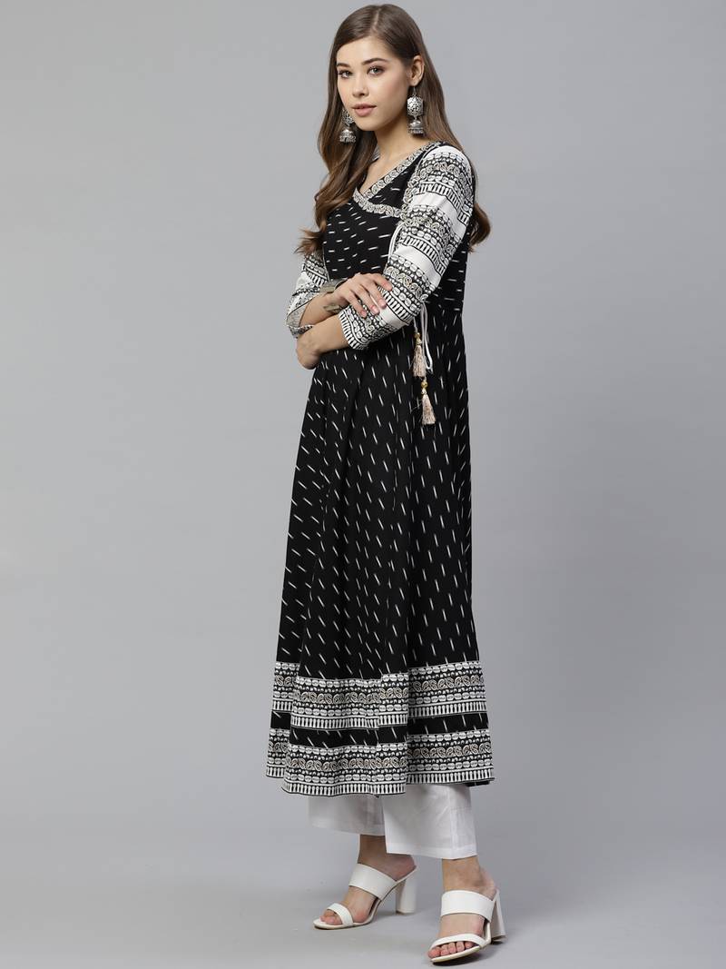 Women'S Cotton & Cotton Slub Ikat Printed Anarkali Kurta (Black)