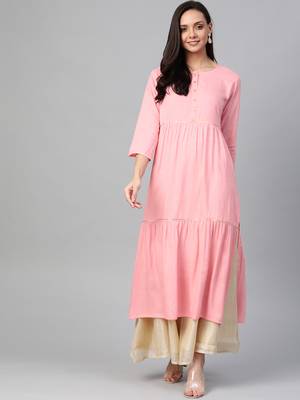 Women'S Rayon Slub Tiered Kurta (Pink) 1
