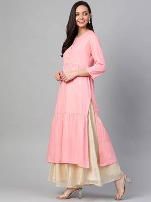 Women'S Rayon Slub Tiered Kurta (Pink) 2