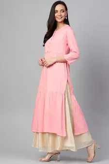 Women'S Rayon Slub Tiered Kurta (Pink)