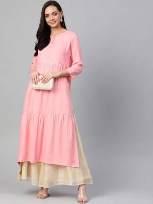 Women'S Rayon Slub Tiered Kurta (Pink) 3