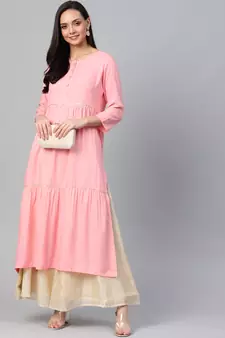 Women'S Rayon Slub Tiered Kurta (Pink)