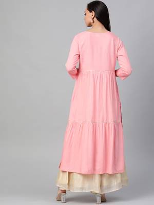 Women'S Rayon Slub Tiered Kurta (Pink) 4