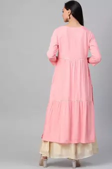 Women'S Rayon Slub Tiered Kurta (Pink)