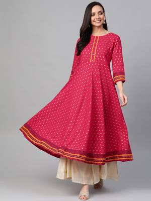 Women'S Cotton Slub Gold Printed Anarkali Kurta 1