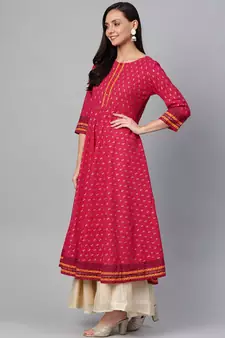 Women'S Cotton Slub Gold Printed Anarkali Kurta