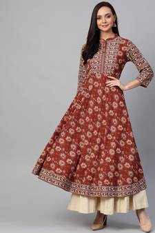 Women'S Cotton Floral Printed Yoke Design Anarkali Kurta