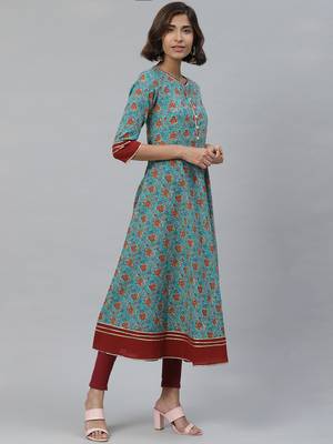 Women'S Kantha Floral Print Anarkali Kurta 3