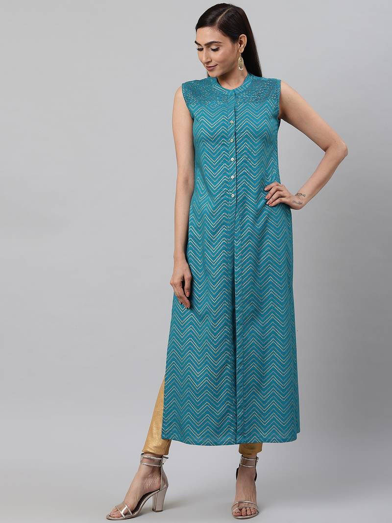 Yash Gallery Women's Rayon Zig Zag Gold Printed Straight Kurta