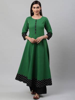 Women'S Cotton Slub Green Anarkali Kurta 1